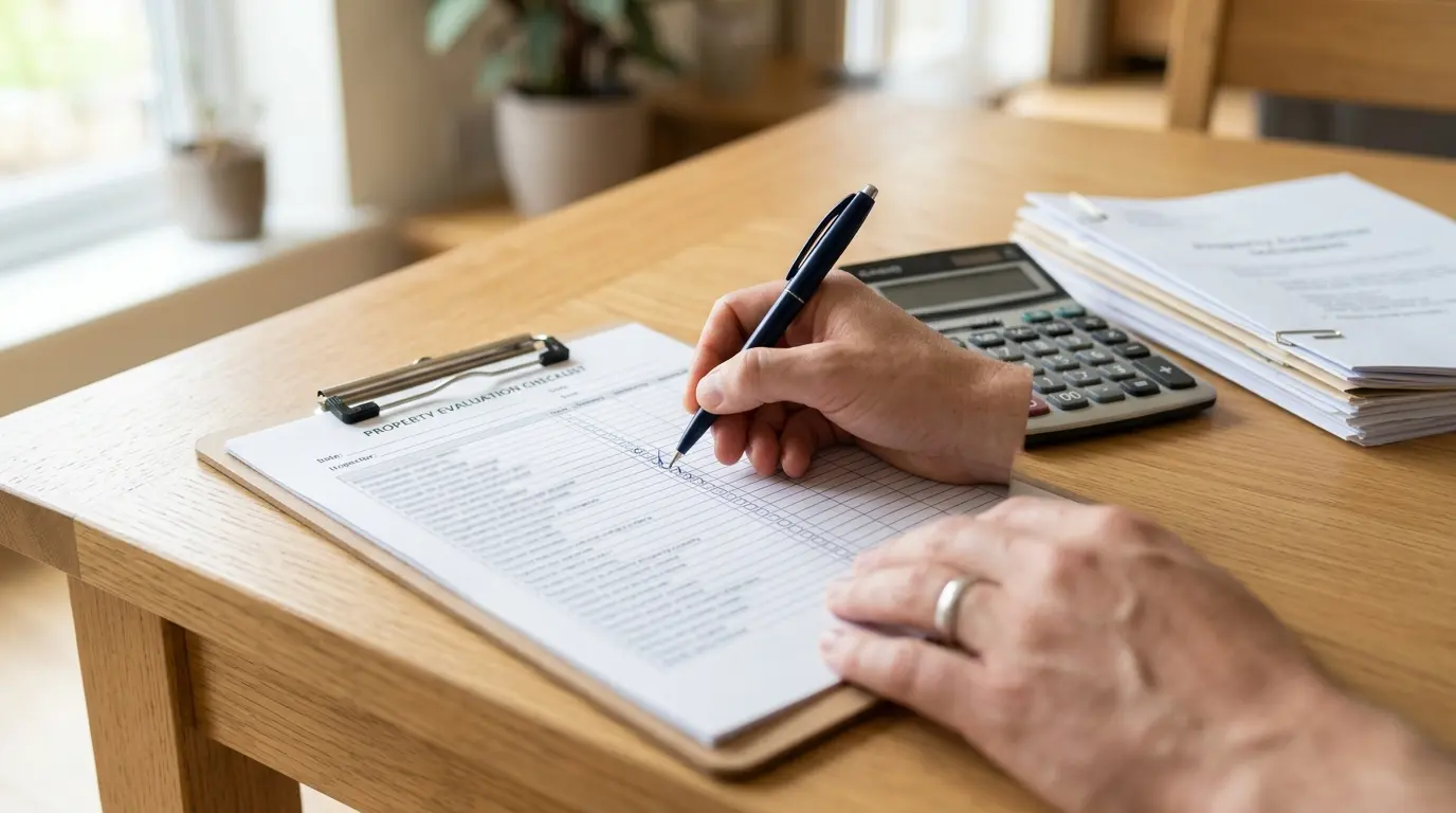 Hand ticking boxes on a printed property evaluation checklist beside a calculator