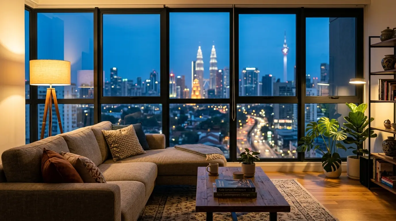 Modern condominium living room at dusk with a city skyline view