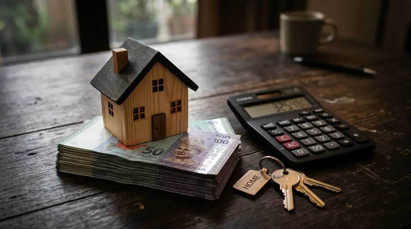 Wooden house model on a stack of ringgit notes beside a calculator and house keys