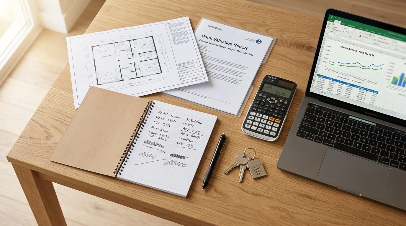 Property valuation report, floor plan, calculator and keys on a desk beside a laptop showing a price chart