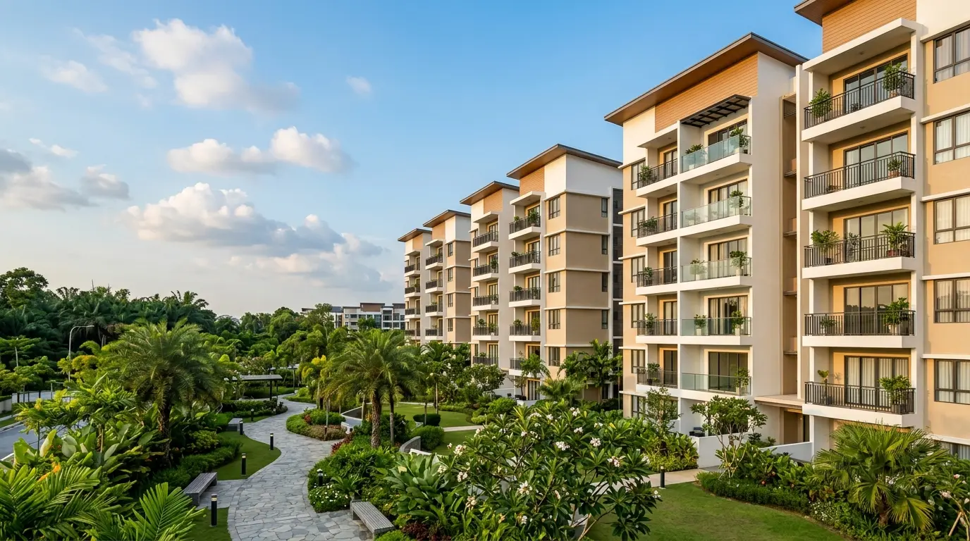 Modern mid-rise condominium apartment blocks in a Malaysian neighbourhood
