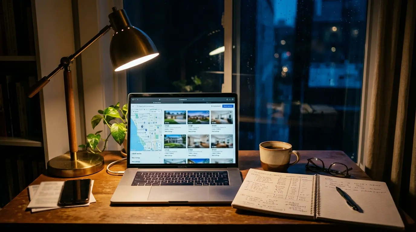 Laptop showing property listings beside a notebook of handwritten numbers on a desk at night