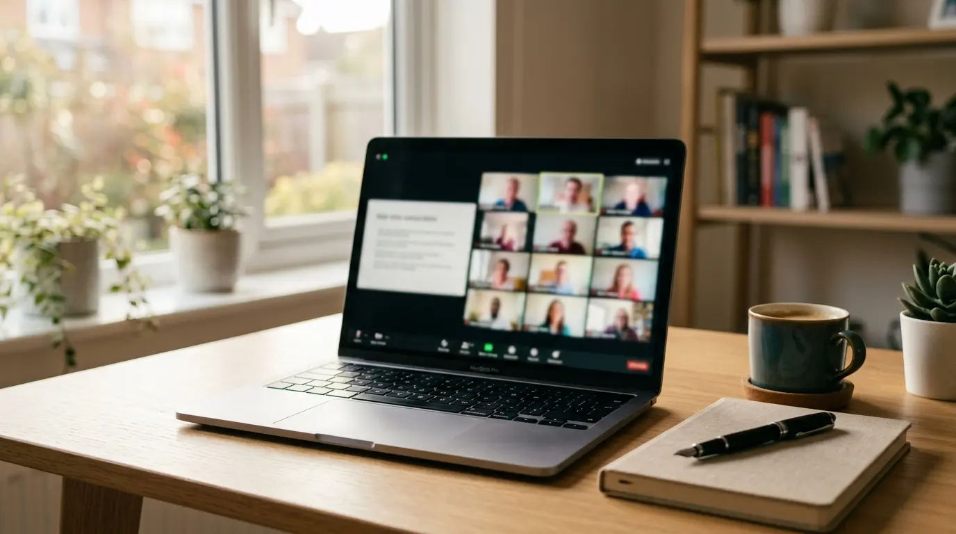 Laptop on a home desk showing a live webinar with slide presentation