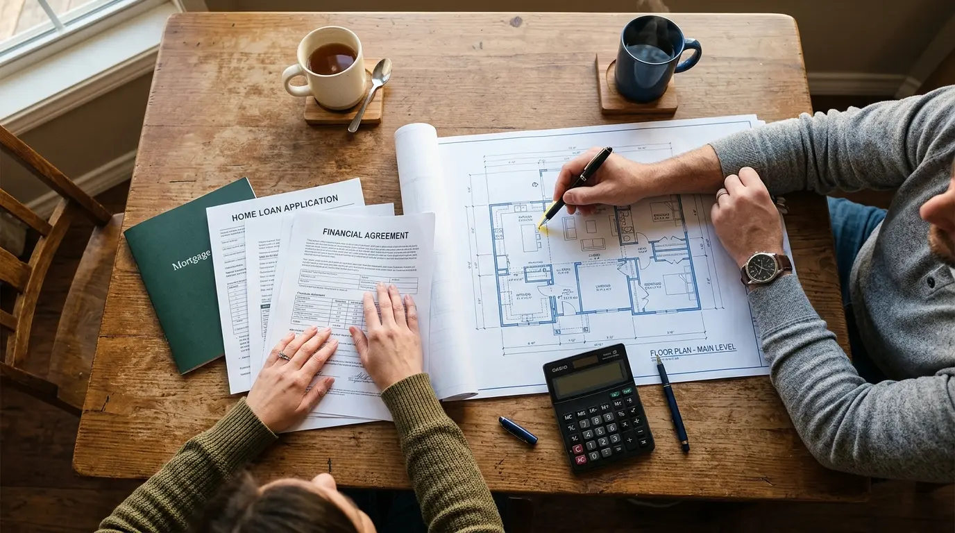 Two people reviewing a floor plan and home loan documents at a table